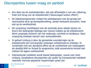 Discrepanties tussen vraag en aanbod Een deel van de werkzoekenden, dat niet afhankelijk is van een uitkering, trekt zich terug van de arbeidsmarkt (‘discouraged worker effect’). De babyboomgeneratie verlaat het arbeidsproces met als gevolg een neerwaartse druk op beroepsbevolking, aantal werkzame personen, maar ook op de werkloosheid. De vergrijzing manifesteert zich de komende jaren steeds sterker en levert een belangrijke bijdrage aan nieuwe kraptes op de arbeidsmarkt. Sterk vergrijsde sectoren zijn het onderwijs, overheid en landbouw. Door vergrijzing ontstaan kansen voor werkzoekenden. In geheel Limburg is door de genoemde veranderingen op de arbeidsmarkt een omvangrijke verborgen arbeidsreserve ontstaan. In combinatie met een dempend effect op de werklosheid van maatregelen als deeltijd-WW en School Ex programma, leidt economische herstel niet meteen tot lagere werkloosheid. Intersectorale mobiliteit wordt steeds belangrijker, vooral voor Zuid-Limburg. Kwalitatieve discrepanties zijn groter bij intrasectorale mobiliteit waardoor hiermee gepaarde inspanningen groot zijn. 12-10-10 © Randstad Market Intelligence Bron: UWV Werkbedrijf 