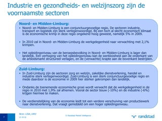 Industrie en gezondheids- en welzijnszorg zijn de voornaamste sectoren 12-10-10 © Randstad Market Intelligence Bron: LISA; UWV Noord- en Midden-Limburg: Noord- en Midden-Limburg is een conjunctuurgevoelige regio. De sectoren industrie, transport en logistiek zijn sterk vertegenwoordigd. Bij een toch al slecht economisch klimaat is de economische krimp in deze regio ongekend hoog geweest, namelijk 5% in 2009. In 2010 zal in Noord- en Midden-Limburg de werkgelegenheid naar verwachting met 2,1% krimpen. Het opleidingsniveau van de beroepsbevolking in Noord- en Midden-Limburg is lager dan landelijk. Een verhoging van het opleidingsniveau kan de werkloosheid aan de onderkant van de arbeidsmarkt structureel verlagen, en de (verwachte) krapte aan de bovenkant bestrijden. Zuid-Limburg: In Zuid-Limburg zijn de sectoren zorg en welzijn, zakelijke dienstverlening, handel en industrie sterk vertegenwoordigd. Zuid-Limburg is een sterk conjunctuurgevoelige regio en mede daardoor is de economie in 2009 hier sterker gekrompen dan landelijk. Ondanks de toenemende economische groei wordt verwacht dat de werkgelegenheid in de regio in 2010 met 1,9% zal afnemen. Vooral de sector bouw (-10%) en de industrie (-6%) krijgen hiermee te maken. De verdienstelijking van de economie leidt tot een verdere verschuiving van productiewerk naar dienstverlening. Dat vraagt gemiddeld om een hoger opleidingsniveau. 