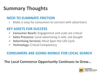 Summary Thoughts
NEED TO ELIMINATE FRICTION
 Make is easy for consumers to connect with advertisers
KEY ASSETS FOR SUCCESS
 Consumer Reach: Engagement and scale are critical
 Sales Presence: Local advertising is sold, not bought
 Advertising Services: Must Span the Life Cycle
 Technology: Critical Competency
CONSUMERS ARE GOING MOBILE FOR LOCAL SEARCH
The Local Commerce Opportunity Continues to Grow…
 