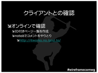 クライアントとの確認

Ôオンラインで確認
 ÔID付きページ一覧を作成
 Ônoteitでコメントをやりとり
   Ôhttp://itworks.no.land.to/
 