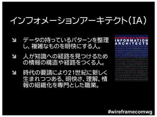 インフォメーションアーキテクト（IA）
Ô   データの持っているパターンを整理
    し、複雑なものを明快にする人。
Ô   人が知識への経路を見つけるため
    の情報の構造や経路をつくる人。
Ô   時代の要請により２１世紀に新しく
    生まれつつある、明快さ、理解、情
    報の組織化を専門とした職業。



                       #wireframecomwg
 