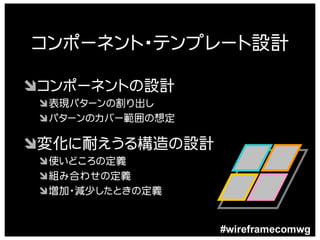コンポーネント・テンプレート設計

Ôコンポーネントの設計
 Ô表現パターンの割り出し
 Ôパターンのカバー範囲の想定

Ô変化に耐えうる構造の設計
 Ô使いどころの定義
 Ô組み合わせの定義
 Ô増加・減少したときの定義


                  #wireframecomwg
 
