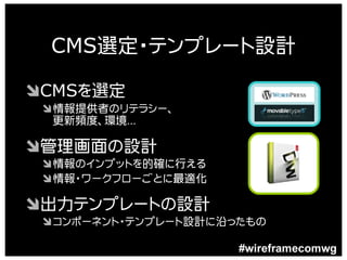CMS選定・テンプレート設計

ÔCMSを選定
 Ô情報提供者のリテラシー、
  更新頻度、環境…

Ô管理画面の設計
 Ô情報のインプットを的確に行える
 Ô情報・ワークフローごとに最適化

Ô出力テンプレートの設計
 Ôコンポーネント・テンプレート設計に沿ったもの

                     #wireframecomwg
 