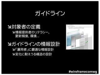 ガイドライン

Ô対象者の定義
 Ô情報提供者のリテラシー、
  更新頻度、環境…

Ôガイドラインの情報設計
 Ô「運用者」に最適な情報設計
 Ô変化に耐えうる構造の設計




                  #wireframecomwg
 