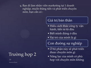    Bạn đi làm nhân viên marketing tại 1 doanh
        nghiệp, muốn thăng tiến và phát triển chuyên
        môn, bạn cần có :


                            Giá trị bản thân
                            • Hiểu cách thức công ty vận
                              hành, tiền ra từ đâu
                            • Biết mình đứng ở đâu
                            • Vai trò của mình là gì

                            Con đường sự nghiệp
                            • Ở bộ phận này sẽ phát triển
                              được chuyên môn gì
Trường hợp 2                • Năng lực của mình có phù
                              hợp với chuyên môn không
 