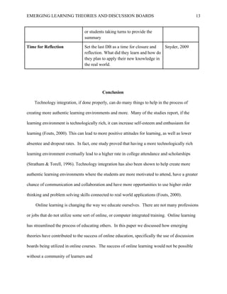 EMERGING LEARNING THEORIES AND DISCUSSION BOARDS
or students taking turns to provide the
summary
Time for Reflection Set the last DB as a time for closure and
reflection. What did they learn and how do
they plan to apply their new knowledge in
the real world.
Snyder, 2009
Conclusion
Technology integration, if done properly, can do many things to help in the process of
creating more authentic learning environments and more. Many of the studies report, if the
learning environment is technologically rich, it can increase self-esteem and enthusiasm for
learning (Fouts, 2000). This can lead to more positive attitudes for learning, as well as lower
absentee and dropout rates. In fact, one study proved that having a more technologically rich
learning environment eventually lead to a higher rate in college attendance and scholarships
(Stratham & Torell, 1996). Technology integration has also been shown to help create more
authentic learning environments where the students are more motivated to attend, have a greater
chance of communication and collaboration and have more opportunities to use higher order
thinking and problem solving skills connected to real world applications (Fouts, 2000).
Online learning is changing the way we educate ourselves. There are not many professions
or jobs that do not utilize some sort of online, or computer integrated training. Online learning
has streamlined the process of educating others. In this paper we discussed how emerging
theories have contributed to the success of online education, specifically the use of discussion
boards being utilized in online courses. The success of online learning would not be possible
without a community of learners and
13
 