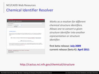 http://cactus.nci.nih.gov/chemical/structure Works as a resolver for different  chemical structure identifiers.  Allows one to convert a given structure identifier into another representation or structure identifier. Chemical Identifier Resolver NCI/CADD Web Resources first beta release:  July 2009 current release (beta   4):  April 2011 