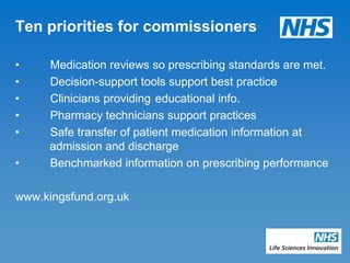 Ten priorities for commissioners

•     Medication reviews so prescribing standards are met.
•     Decision-support tools support best practice
•     Clinicians providing educational info.
•     Pharmacy technicians support practices
•     Safe transfer of patient medication information at
      admission and discharge
•     Benchmarked information on prescribing performance

www.kingsfund.org.uk
 