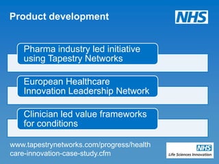 Product development


   Pharma industry led initiative
   using Tapestry Networks

   European Healthcare
   Innovation Leadership Network

   Clinician led value frameworks
   for conditions

www.tapestrynetworks.com/progress/health
care-innovation-case-study.cfm
 