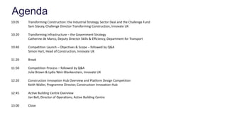 10:05 Transforming Construction: the Industrial Strategy, Sector Deal and the Challenge Fund
Sam Stacey, Challenge Director Transforming Construction, Innovate UK
10:20 Transforming Infrastructure – the Government Strategy
Catherine de Marco, Deputy Director Skills & Efficiency, Department for Transport
10:40 Competition Launch – Objectives & Scope – followed by Q&A
Simon Hart, Head of Construction, Innovate UK
11:20 Break
11:50 Competition Process – followed by Q&A
Julie Brown & Lydia Weir-Blankenstein, Innovate UK
12:20 Construction Innovation Hub Overview and Platform Design Competition
Keith Waller, Programme Director, Construction Innovation Hub
12:45 Active Building Centre Overview
Jan Bell, Director of Operations, Active Building Centre
13:00 Close
Agenda
 