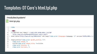 Templates: D7 Core’s html.tpl.php
/modules/system/
 