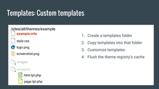 Templates: Custom templates
/sites/all/themes/example
templates
1. Create a templates folder
2. Copy templates into that folder
3. Customize templates
4. Flush the theme registry’s cache
 