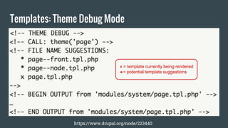 Templates: Theme Debug Mode
https://www.drupal.org/node/223440
x = template currently being rendered
*= potential template suggestions
 