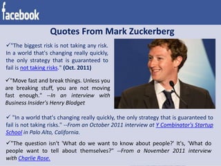 Quotes From Mark Zuckerberg
"The biggest risk is not taking any risk.
In a world that's changing really quickly,
the only strategy that is guaranteed to
fail is not taking risks." (Oct. 2011)
 "In a world that's changing really quickly, the only strategy that is guaranteed to
fail is not taking risks." --From an October 2011 interview at Y Combinator's Startup
School in Palo Alto, California.
"The question isn't 'What do we want to know about people?' It's, 'What do
people want to tell about themselves?" --From a November 2011 interview
with Charlie Rose.
"Move fast and break things. Unless you
are breaking stuff, you are not moving
fast enough." --In an interview with
Business Insider's Henry Blodget
 
