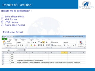 Results of Execution
Results will be generated in :
1). Excel sheet format
2). XML format
3). HTML format
4). Online Web Report
Excel sheet format

 