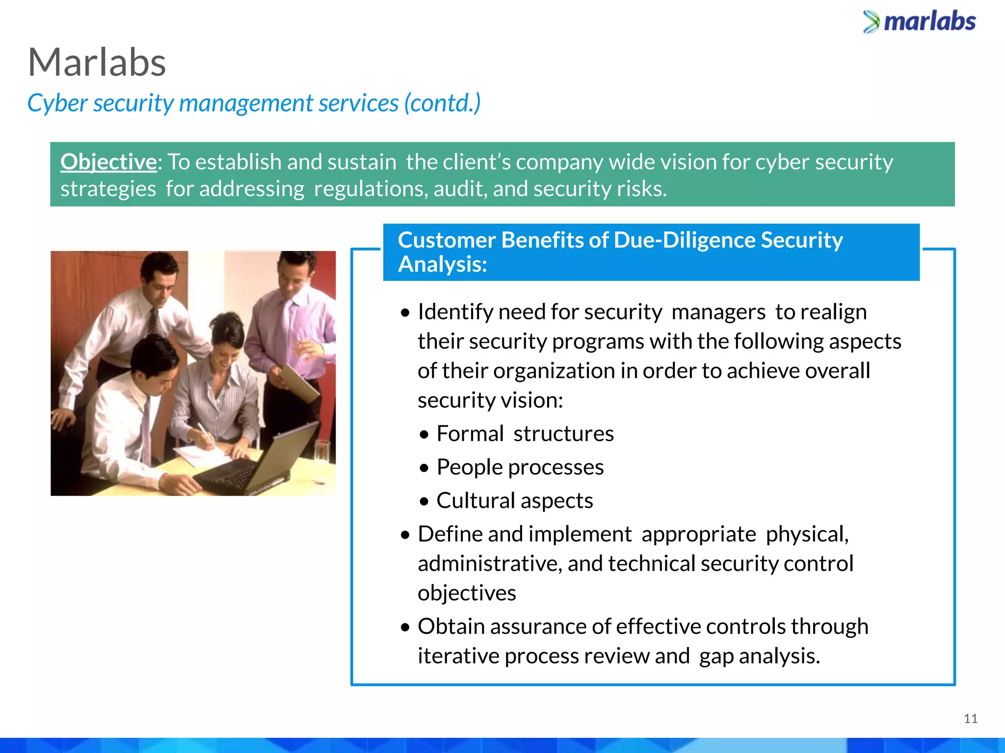Objective: To establish and sustain the client’s company wide vision for cyber security
strategies for addressing regulations, audit, and security risks.
• Identify need for security managers to realign
their security programs with the following aspects
of their organization in order to achieve overall
security vision:
• Formal structures
• People processes
• Cultural aspects
• Define and implement appropriate physical,
administrative, and technical security control
objectives
• Obtain assurance of effective controls through
iterative process review and gap analysis.
Customer Benefits of Due-Diligence Security
Analysis:
Cyber security management services (contd.)
Marlabs
11
 
