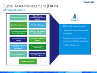 Offerings and expertise
Digital Asset Management (DAM)
11
Advocacy and Advisory
Digital Asset
Management Maturity
Analysis
Rapid DAM Assessment Workflow/Strategy
Creating a DAM Business
Case and Use Cases
Selecting DAM Vendors
(Consulting)
Documentation and
Training
24x7 DAM Maintenance
Support
Review DAM Contracts
and Service Level
Agreements
Asset and Metadata
Migrations
Asset Deduplication
Permissions, Rights, and
Talent Management
User Experience (UX)
• 100% vendor agnostic approach
• Deep understanding of digital asset
management
• Purpose driven team with strong
commitment and delivery excellence
• Flexible costing models
 