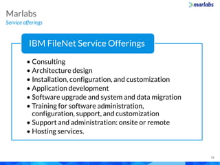 Service offerings
Marlabs
18
• Consulting
• Architecture design
• Installation, configuration, and customization
• Application development
• Software upgrade and system and data migration
• Training for software administration,
configuration, support, and customization
• Support and administration: onsite or remote
• Hosting services.
IBM FileNet Service Offerings
 