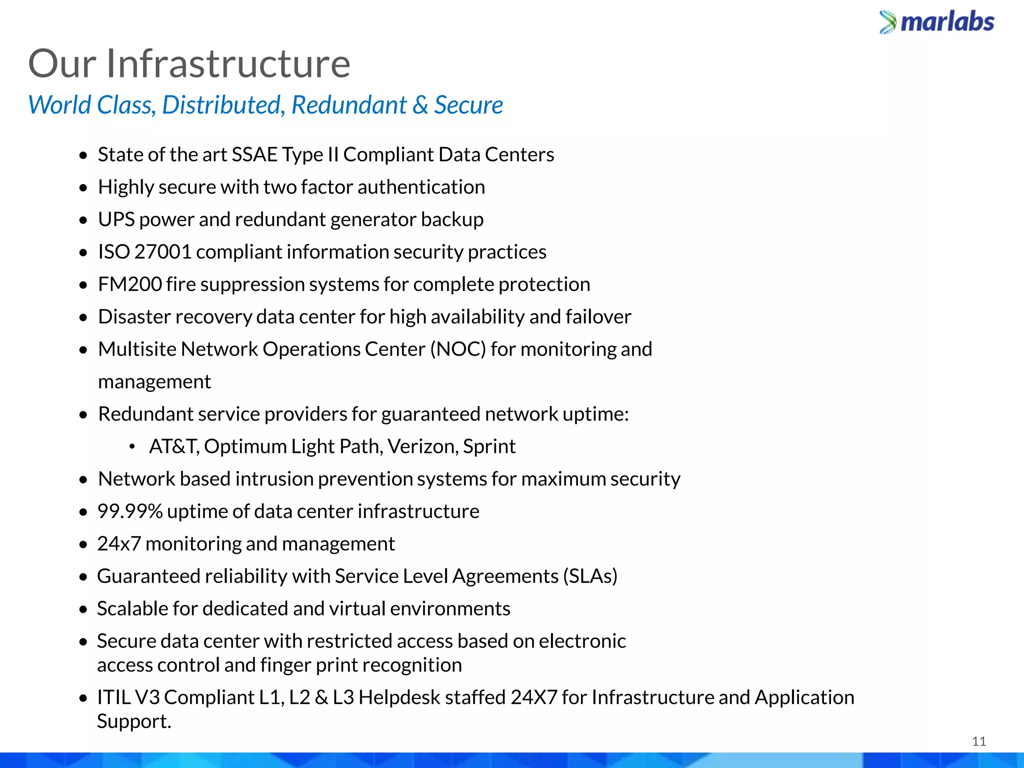 11
World Class, Distributed, Redundant & Secure
Our Infrastructure
• State of the art SSAE Type II Compliant Data Centers
• Highly secure with two factor authentication
• UPS power and redundant generator backup
• ISO 27001 compliant information security practices
• FM200 fire suppression systems for complete protection
• Disaster recovery data center for high availability and failover
• Multisite Network Operations Center (NOC) for monitoring and
management
• Redundant service providers for guaranteed network uptime:
• AT&T, Optimum Light Path, Verizon, Sprint
• Network based intrusion prevention systems for maximum security
• 99.99% uptime of data center infrastructure
• 24x7 monitoring and management
• Guaranteed reliability with Service Level Agreements (SLAs)
• Scalable for dedicated and virtual environments
• Secure data center with restricted access based on electronic
access control and finger print recognition
• ITIL V3 Compliant L1, L2 & L3 Helpdesk staffed 24X7 for Infrastructure and Application
Support.
 