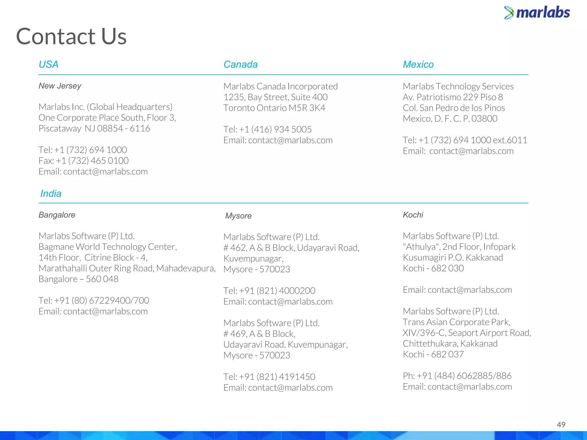 49
Contact Us
USA
New Jersey
Marlabs Inc. (Global Headquarters)
One Corporate Place South, Floor 3,
Piscataway NJ 08854 - 6116
Tel: +1 (732) 694 1000
Fax: +1 (732) 465 0100
Email: contact@marlabs.com
India
Bangalore
Marlabs Software (P) Ltd.
Bagmane World Technology Center,
14th Floor, Citrine Block - 4,
Marathahalli Outer Ring Road, Mahadevapura,
Bangalore – 560 048
Tel: +91 (80) 67229400/700
Email: contact@marlabs.com
Canada
Marlabs Canada Incorporated
1235, Bay Street, Suite 400
Toronto Ontario M5R 3K4
Tel: +1 (416) 934 5005
Email: contact@marlabs.com
Mysore
Marlabs Software (P) Ltd.
# 462, A & B Block, Udayaravi Road,
Kuvempunagar,
Mysore - 570023
Tel: +91 (821) 4000200
Email: contact@marlabs.com
Marlabs Software (P) Ltd.
# 469, A & B Block,
Udayaravi Road, Kuvempunagar,
Mysore - 570023
Tel: +91 (821) 4191450
Email: contact@marlabs.com
Mexico
Marlabs Technology Services
Av. Patriotismo 229 Piso 8
Col. San Pedro de los Pinos
Mexico, D. F. C. P. 03800
Tel: +1 (732) 694 1000 ext.6011
Email: contact@marlabs.com
Kochi
Marlabs Software (P) Ltd.
"Athulya", 2nd Floor, Infopark
Kusumagiri P.O. Kakkanad
Kochi - 682 030
Email: contact@marlabs.com
Marlabs Software (P) Ltd.
Trans Asian Corporate Park,
XIV/396-C, Seaport Airport Road,
Chittethukara,Kakkanad
Kochi - 682 037
Ph: +91 (484) 6062885/886
Email: contact@marlabs.com
 