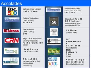INC 500 (2002 – 2006)  Hall of Fame Deloitte Technology (2002 – 2007) Fast 50   VAR Business  (2006 – 2007) 500   T op five  Application Developers (2005),  Fast Growth 100  (2008) Best Places  to Work  in NJ  Deloitte Technology  (2002 – 2003, 2006) Fast 500   Black Book  Top 10  BPO  healthcare  revenue cycle  mgt.  companies (2007) NJ Finest   (2005 – 2006) E&Y  Entrepreneur  Of The Year  Finalist (2005 - 2006) The Software 500 (2008) Accolades Annual listing of top businesses  DiversityBusiness.com  A list of 100 companies  that define global outsourcing.  