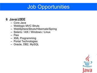 Job Opportunities 6  Java/J2EE  Core Java Weblogic MVC Struts WebSphere/Struts/Hibernate/Spring Solaris / AIX / Windows / Linux Flex XML Programming  Portal Technologies Oracle, DB2, MySQL 