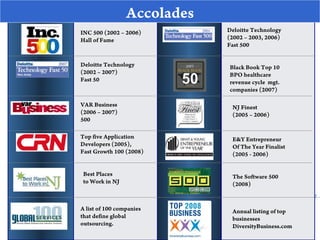 7
INC 500 (2002 – 2006)
Hall of Fame
Deloitte Technology
(2002 – 2007)
Fast 50
VAR Business
(2006 – 2007)
500
Top five Application
Developers (2005),
Fast Growth 100 (2008)
Best Places
to Work in NJ
Deloitte Technology
(2002 – 2003, 2006)
Fast 500
Black Book Top 10
BPO healthcare
revenue cycle mgt.
companies (2007)
NJ Finest
(2005 – 2006)
E&Y Entrepreneur
Of The Year Finalist
(2005 - 2006)
The Software 500
(2008)
Accolades
Annual listing of top
businesses
DiversityBusiness.com
A list of 100 companies
that define global
outsourcing.
 