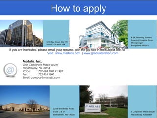 How to apply
If you are interested, please email your resume, with the job title in the subject line, to
Visit: www.marlabs.com | www.graduatenation.com
Marlabs, Inc.
One Corporate Place South
Piscataway, NJ 08854
Voice 732.694.1000 X 1420
Fax 732.465.1000
Email: campus@marlabs.com
 