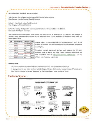 T E S T D I G E S T P A G E 7
continuation of ‘Introduction to Pairwise Testing ...
Let’s understand this better with an example:
Take the case of a software to select cars which has the below options
Manufacturer: Honda, Toyota, Maruti (3 options)
Category- Hatchback, Sedan, SuV (3 options)
City: Bengaluru, Mysore (2 options)
Exhaustive testing of all possible scenarios/combinations will require 3 X 3 X 2 = 18 tests.
Let’s apply the All pairs technique.
The number of test cases where each column pair value occurs at least once is 9. If we take the example of
“Honda” in the Manufacturer’s column, we can see that it forms a “pair” with each of the values in the other col-
umns at least once.
Original rows – 18; Optimized rows – 9; Savings/Benefit = 50% . As the
number of variables and their options increase, the benefits will be that
much higher.
The above example was simple and we could organize the All –pairs
manually. How do we do this using a tool? There are many Free and
Web-based tools listed at http://www.pairwise.org/tools.asp . Use any
of them and share your experience.
Points to note:
All-pairs is a technique and needs to be understood well and evaluated before applying it.
It is very similar to and often confused with Orthogonal Arrays. Both use the basic principle of “paired varia-
bles”, but Orthogonal arrays are “Balanced” as they have all pairs equal number of times.
Cartoon Space...
 