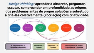 Design thinking: aprender a observar, perguntar,
escutar, compreender em profundidade as origens
dos problemas antes de propor soluções e sobretudo
a criá-las coletivamente (cocriação) com criatividade.
 