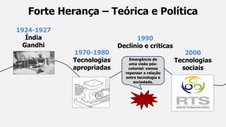 2000
Tecnologias
sociais
1970-1980
Tecnologias
apropriadas
1924-1927
Índia
Gandhi
1990
Declínio e críticas
Emergência de
uma visão pós-
colonial: vamos
repensar a relação
entre tecnologia e
sociedade.
Forte Herança – Teórica e Política
 