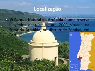 Localização
• O Parque Natural da Arrábida é uma reserva
biogénica da rede natura 2000 situada na
Serra da Arrábida, no distrito de Setúbal, em
Portugal.
 