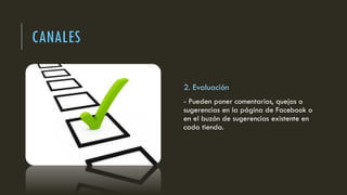CANALES
2. Evaluación
- Pueden poner comentarios, quejas o
sugerencias en la página de Facebook o
en el buzón de sugerencias existente en
cada tienda.
 