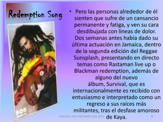 Al Anderson había regresado a la banda a principios de este año, compartiendo el puesto de guitarra solista con Junior Marvin, quizás durante uno de los periodos más trascendentales de Marley, entre 1978 y 1981. Las guitarras gemelas de Survival y Uprising dan en directo un sentimiento más de rock al sonido de reggae internacional de los Wailers. También Wya lo había hecho, encargándose del órgano y del clavinet, dejando a Tyrone el piano y los sintetizadores.46CAROLINA CANO AND MARIA JOSE MEZA