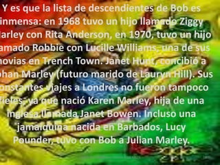 ActualidadTras la muerte de Bob, el grupo pasó a llamarse The Wailers Band, y está liderado por Aston Barrett. En la actualidad, la imagen de bob se ha comercializado demasiado, existen hoteles, marcas de cafés, cervezas y mucho más tipos de productos con su nombre y su imagen. Además, desde 1981 hasta ahora, se han lanzado varios discos recompilatorios del cantante. Todos los discos de Bob fueron remasterizados a partir del 2000. Además, se han lanzado muchos documentales acerca de él.55CAROLINA CANO AND MARIA JOSE MEZA