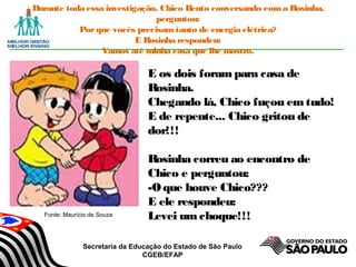 Secretaria da Educação do Estado de São Paulo
CGEB/EFAP
Durante toda essa investigação, Chico Bento conversando coma Rosinha,
perguntou:
Porque vocês precisamtanto de energia elétrica?
E Rosinha respondeu:
Vamos até minha casa que lhe mostro.
E os dois forampara casa de
Rosinha.
Chegando lá, Chico fuçou emtudo!
E de repente... Chico gritou de
dor!!!
Rosinha correu ao encontro de
Chico e perguntou:
-O que houve Chico???
E ele respondeu:
Levei um choque!!!Fonte: Maurício de Souza
 