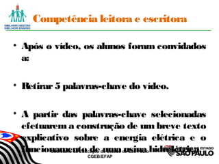 Secretaria da Educação do Estado de São Paulo
CGEB/EFAP
Competência leitora e escritora
• Após o vídeo, os alunos foram convidados
a:
• Retirar5 palavras-chave do vídeo.
• A partir das palavras-chave selecionadas
efetuarem a construção de um breve texto
explicativo sobre a energia elétrica e o
funcionamento de uma usina hidrelétrica.
 