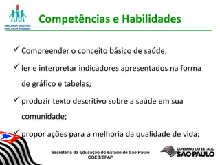 Secretaria da Educação do Estado de São Paulo
CGEB/EFAP
Competências e Habilidades
Compreender o conceito básico de saúde;
ler e interpretar indicadores apresentados na forma
de gráfico e tabelas;
produzir texto descritivo sobre a saúde em sua
comunidade;
propor ações para a melhoria da qualidade de vida;
 