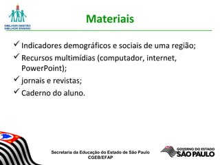 Secretaria da Educação do Estado de São Paulo
CGEB/EFAP
Materiais
Indicadores demográficos e sociais de uma região;
Recursos multimídias (computador, internet,
PowerPoint);
jornais e revistas;
Caderno do aluno.
 
