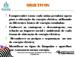 Secretaria da Educação do Estado de São Paulo
CGEB/EFAP
OBJETIVOS
 Compreender como cada usina geradora opera
para a obtenção da energia elétrica, utilizando
as diferentes fontes de energia estudadas;
 Conhecer as vantagens e desvantagens, em
relação ao impacto social e ambiental, de cada
forma de obtenção de energia elétrica;
 Reconhecer os perigos e seguranças no uso
de energia elétrica;
 Identificar os tipos de lâmpadas e aparelhos
que consomemmenos energia.
 