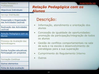 Relação Pedagógica com os Alunos Descrição: Informação, atendimento e orientação dos alunos Concessão de igualdade de oportunidades: promoção da participação/integração de todos os alunos Gestão de conflitos comportamentais na sala de aula e na escola e desenvolvimento de estratégias para a sua superação Cumprimento do Regulamento Interno Outros Ficha de Auto-avaliação Outros elementos Formação Contínua Outras funções educativas: Participação em projectos Processo de Avaliação das Aprendizagens Relação Pedagógica com os Alunos Realização das Actividades Lectivas Preparação e Organização das Actividades Lectivas Serviço Distribuído Objectivos Individuais Dados Pessoais e Profissionais 