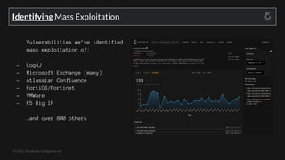 © 2022 GreyNoise Intelligence Inc
Vulnerabilities we’ve identified
mass exploitation of:
- Log4J
- Microsoft Exchange (many)
- Atlassian Confluence
- FortiOS/Fortinet
- VMWare
- F5 Big IP
…and over 800 others
Identifying Mass Exploitation
 