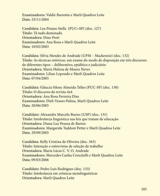 105
Examinadores: Valdir Barzotto e Marli Quadros Leite
Data: 23/11/2004
Candidata: Lea Poiano Stella (PUC=SP) (doc. 127)
Título: Tá tudo dominado
Orientadora: Dino Preti
Examinadores: Ana Rosa e Marli Quadros Leite
Data: 10/02/2003
Candidata: Sílvia Mendes de Andrade (UPM – Mackenzie) (doc. 132)
Título: As técnicas retóricas: um exame do modo de disposição em três discursos
de diferentes tipos – deliberativo, epidítico e judiciário
Orientadora: Maria Helena de Moura Neves
Examinadores: Lílian Lopondo e Marli Quadros Leite
Data: 07/04/2005
Candidata: Gláucia Silene Almeida Telles (PUC-SP) (doc. 130)
Título: O discurso da revista 4x4
Orientadora: Ana Rosa Ferreira Dias
Examinadores: Dieli Vesaro Palma, Marli Quadros Leite
Data: 28/06/2005
Candidato: Alexandre Marcelo Bueno (USP) (doc. 131)
Título: Intolerância linguística nas leis que tratam de educação
Orientadora: Diana Luz Pessoa de Barros
Examinadores: Margarida Taddoni Petter e Marli Quadros Leite
Data: 29/09/2005
Candidata: Kelly Cristina de Oliveira (doc. 363)
Título: Interação e entrevistas de seleção de trabalho
Orientadora: Maria Lúcia C. V. O. Andrade
Examinadores: Mercedes Canha Crescitelli e Marli Quadros Leite
Data: 09/03/2006
Candidato: Pedro Luís Rodrigues (doc. 133)
Título: Intolerância em crônicas metalinguísticas
Orientadora: Marli Quadros Leite
 