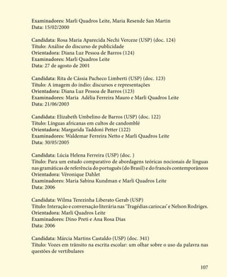 107
Examinadores: Marli Quadros Leite, Maria Resende San Martin
Data: 15/02/2000
Candidata: Rosa Maria Aparecida Nechi Verceze (USP) (doc. 124)
Título: Análise do discurso de publicidade
Orientadora: Diana Luz Pessoa de Barros (124)
Examinadores: Marli Quadros Leite
Data: 27 de agosto de 2001
Candidata: Rita de Cássia Pacheco Limberti (USP) (doc. 123)
Título: A imagem do índio: discursos e representações
Orientadora: Diana Luz Pessoa de Barros (123)
Examinadores: Maria Adélia Ferreira Mauro e Marli Quadros Leite
Data: 21/06/2003
Candidata: Elizabeth Umbelino de Barros (USP) (doc. 122)
Título: Línguas africanas em cultos de candomblé
Orientadora: Margarida Taddoni Petter (122)
Examinadores: Waldemar Ferreira Netto e Marli Quadros Leite
Data: 30/05/2005
Candidata: Lúcia Helena Ferreira (USP) (doc. )
Título: Para um estudo comparativo de abordagens teóricas nocionais de línguas
nas gramáticas de referência do português (do Brasil) e do francês contemporâneos
Orientadora: Véronique Dahlet
Examinadores: Maria Sabina Kundman e Marli Quadros Leite
Data: 2006
Candidata: Wilma Terezinha Liberato Gerab (USP)
Título: Interação e conversação literária nas ‘Tragédias cariocas’ e Nelson Rodriges.
Orientadora: Marli Quadros Leite
Examinadores: Dino Preti e Ana Rosa Dias
Data: 2006
Candidata: Márcia Martins Castaldo (USP) (doc. 341)
Título: Vozes em trânsito na escrita escolar: um olhar sobre o uso da palavra nas
questões de vertibulares
 