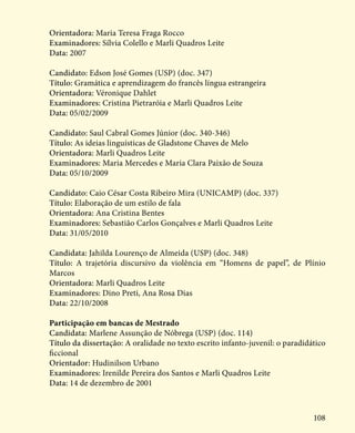 108
Orientadora: Maria Teresa Fraga Rocco
Examinadores: Sílvia Colello e Marli Quadros Leite
Data: 2007
Candidato: Edson José Gomes (USP) (doc. 347)
Título: Gramática e aprendizagem do francês língua estrangeira
Orientadora: Véronique Dahlet
Examinadores: Cristina Pietraróia e Marli Quadros Leite
Data: 05/02/2009
Candidato: Saul Cabral Gomes Júnior (doc. 340-346)
Título: As ideias linguísticas de Gladstone Chaves de Melo
Orientadora: Marli Quadros Leite
Examinadores: Maria Mercedes e Maria Clara Paixão de Souza
Data: 05/10/2009
Candidato: Caio César Costa Ribeiro Mira (UNICAMP) (doc. 337)
Título: Elaboração de um estilo de fala
Orientadora: Ana Cristina Bentes
Examinadores: Sebastião Carlos Gonçalves e Marli Quadros Leite
Data: 31/05/2010
Candidata: Jahilda Lourenço de Almeida (USP) (doc. 348)
Título: A trajetória discursivo da violência em “Homens de papel”, de Plínio
Marcos
Orientadora: Marli Quadros Leite
Examinadores: Dino Preti, Ana Rosa Dias
Data: 22/10/2008
Participação em bancas de Mestrado
Candidata: Marlene Assunção de Nóbrega (USP) (doc. 114)
Título da dissertação: A oralidade no texto escrito infanto-juvenil: o paradidático
ficcional
Orientador: Hudinilson Urbano
Examinadores: Irenilde Pereira dos Santos e Marli Quadros Leite
Data: 14 de dezembro de 2001
 