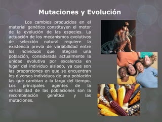 Mutaciones y Evolución
Los cambios producidos en el
material genético constituyen el motor
de la evolución de las especies. La
actuación de los mecanismos evolutivos
de selección natural requiere la
existencia previa de variabilidad entre
los individuos que integran una
población, considerada actualmente la
unidad evolutiva por excelencia en
lugar del individuo aislado, ya que son
las proporciones en que se encuentran
los diversos individuos de una población
las que cambian a lo largo del tiempo.
Los principales agentes de la
variabilidad de las poblaciones son la
recombinación genética y las
mutaciones.
 