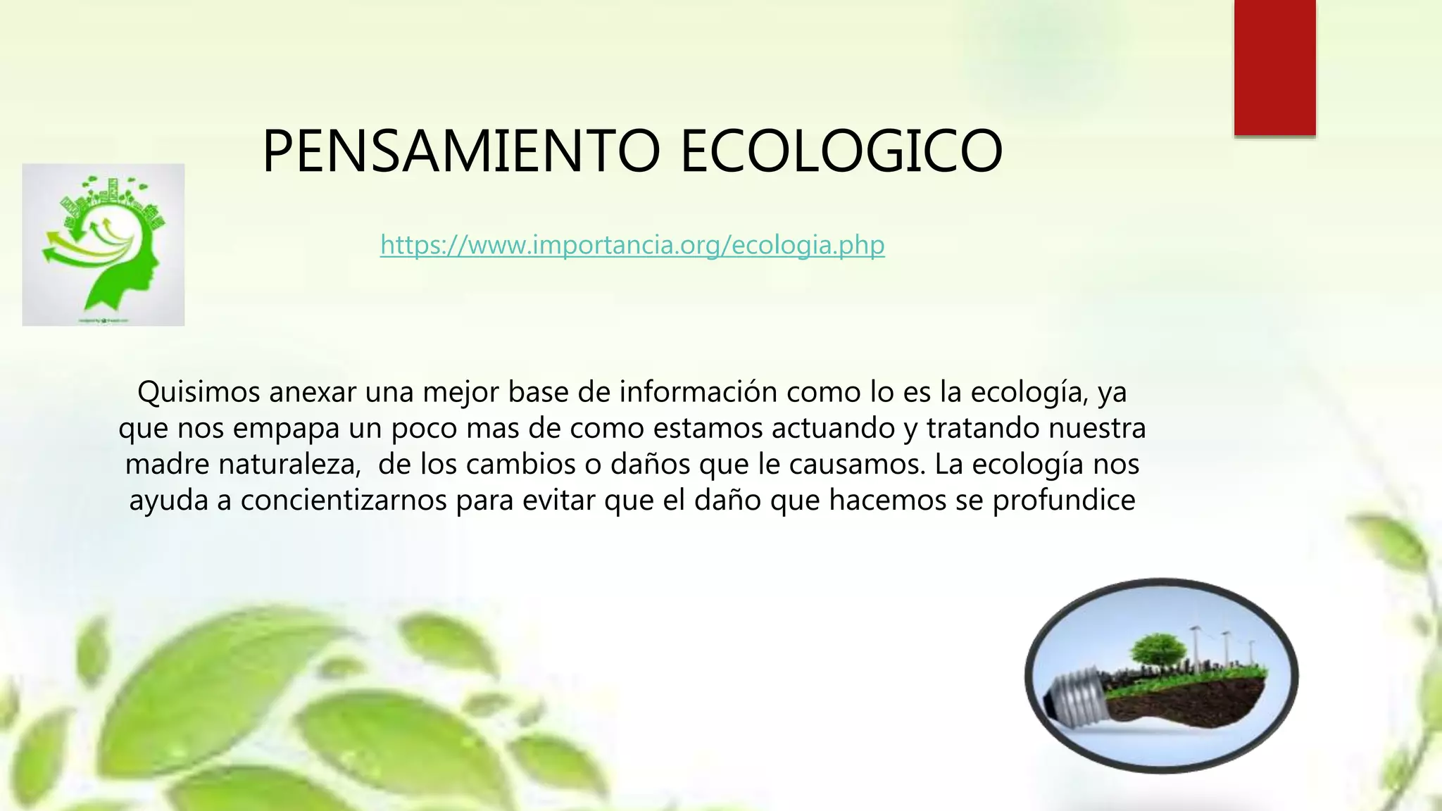 PENSAMIENTO ECOLOGICO
https://www.importancia.org/ecologia.php
Quisimos anexar una mejor base de información como lo es la ecología, ya
que nos empapa un poco mas de como estamos actuando y tratando nuestra
madre naturaleza, de los cambios o daños que le causamos. La ecología nos
ayuda a concientizarnos para evitar que el daño que hacemos se profundice
 