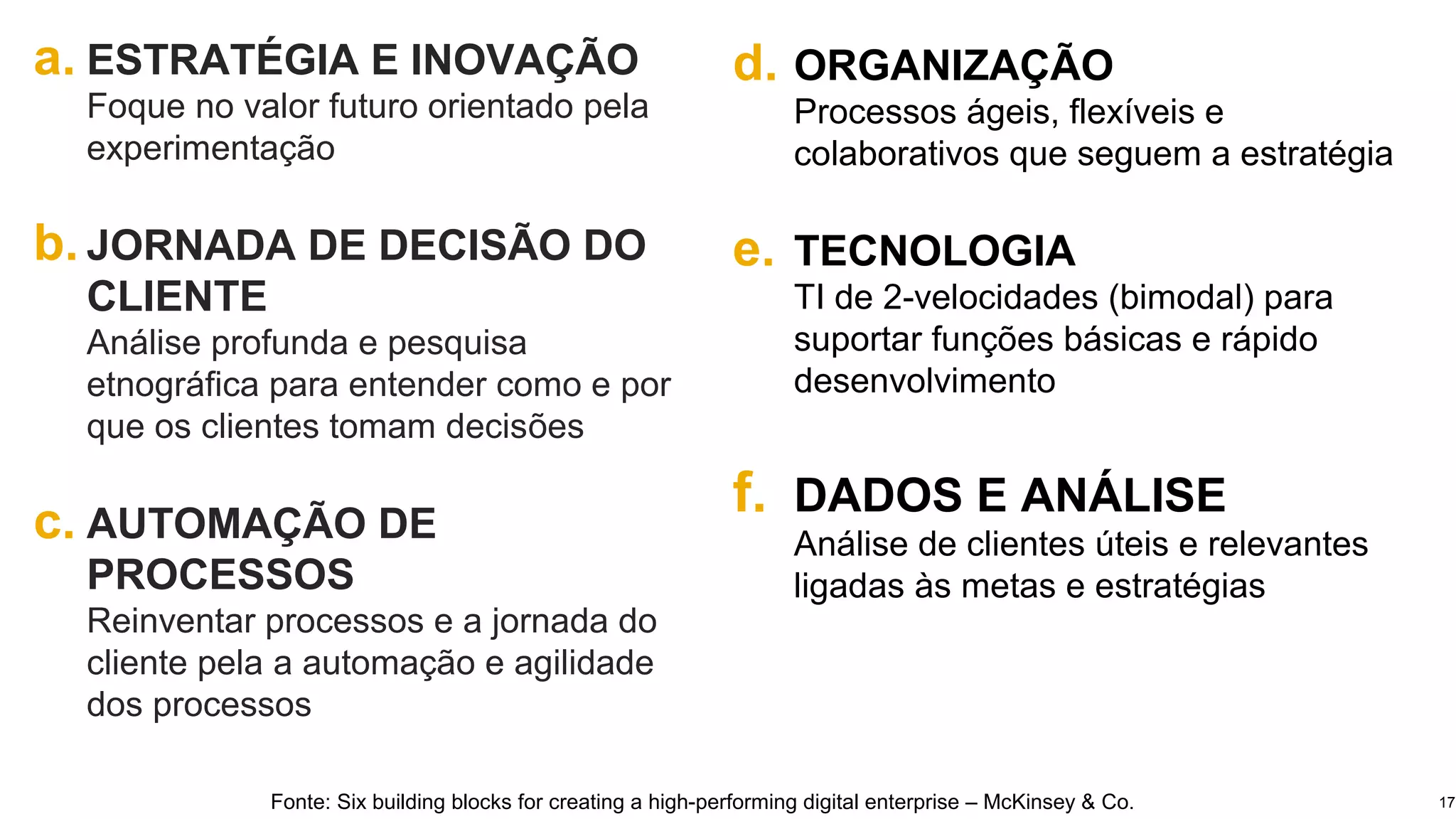 17
a. ESTRATÉGIA E INOVAÇÃO
Foque no valor futuro orientado pela
experimentação
b. JORNADA DE DECISÃO DO
CLIENTE
Análise profunda e pesquisa
etnográfica para entender como e por
que os clientes tomam decisões
c. AUTOMAÇÃO DE
PROCESSOS
Reinventar processos e a jornada do
cliente pela a automação e agilidade
dos processos
d. ORGANIZAÇÃO
Processos ágeis, flexíveis e
colaborativos que seguem a estratégia
e. TECNOLOGIA
TI de 2-velocidades (bimodal) para
suportar funções básicas e rápido
desenvolvimento
f. DADOS E ANÁLISE
Análise de clientes úteis e relevantes
ligadas às metas e estratégias
Fonte: Six building blocks for creating a high-performing digital enterprise – McKinsey & Co.
 
