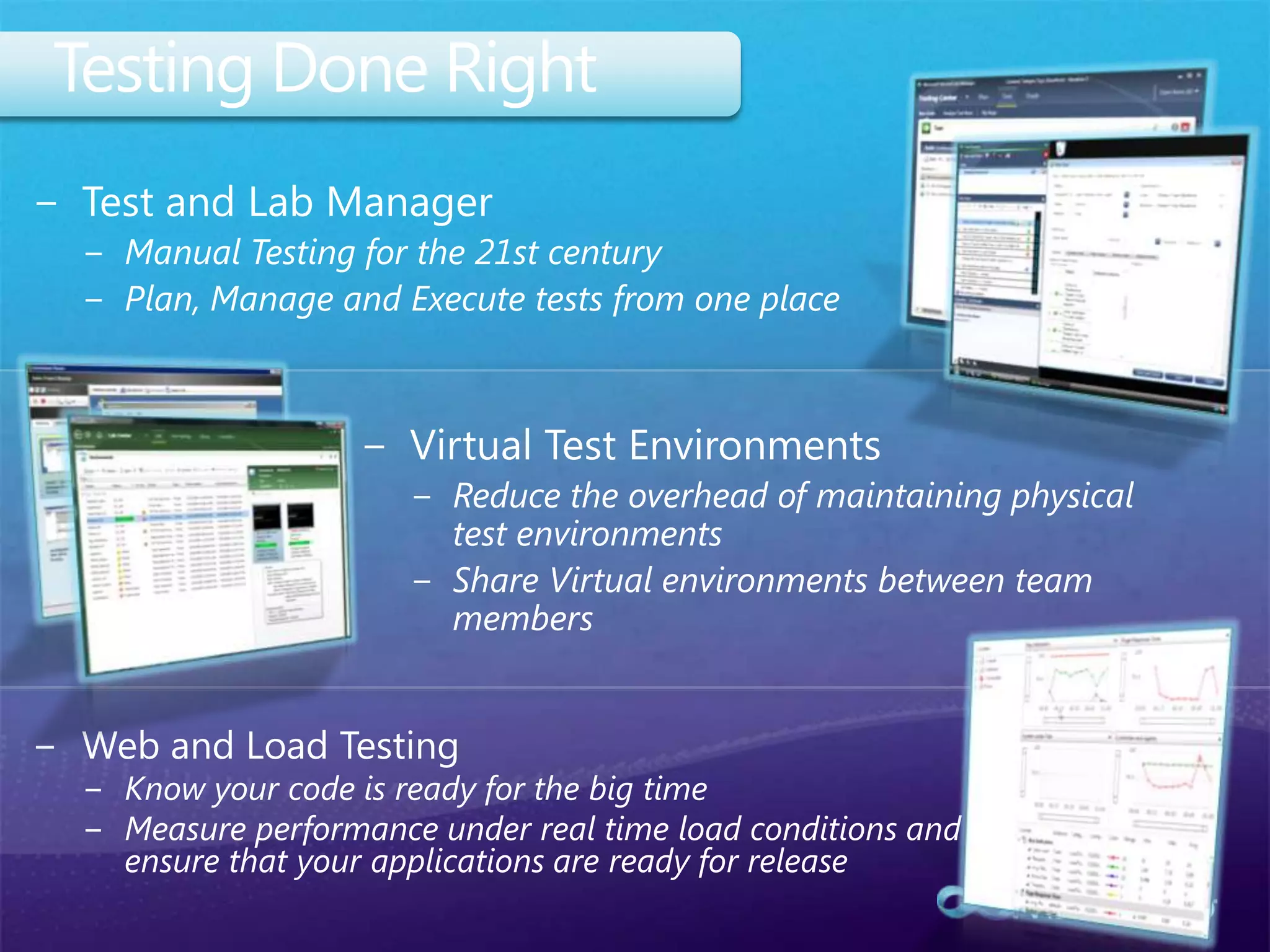 Testing Done RightTest and Lab ManagerManual Testing for the 21st centuryPlan, Manage and Execute tests from one placeVirtual Test EnvironmentsReduce the overhead of maintaining physical test environmentsShare Virtual environments between team membersWeb and Load TestingKnow your code is ready for the big timeMeasure performance under real time load conditions and ensure that your applications are ready for release