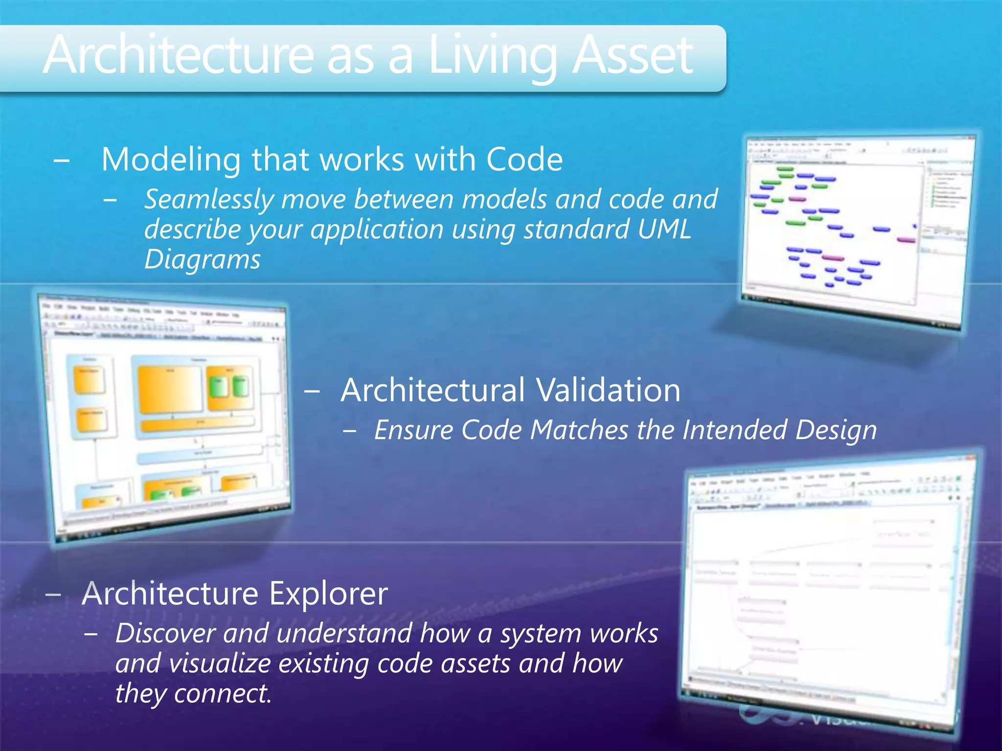 Architecture as a Living Asset Modeling that works with CodeSeamlessly move between models and code and describe your application using standard UML Diagrams Architectural ValidationEnsure Code Matches the Intended DesignArchitecture ExplorerDiscover and understand how a system works and visualize existing code assets and how they connect.